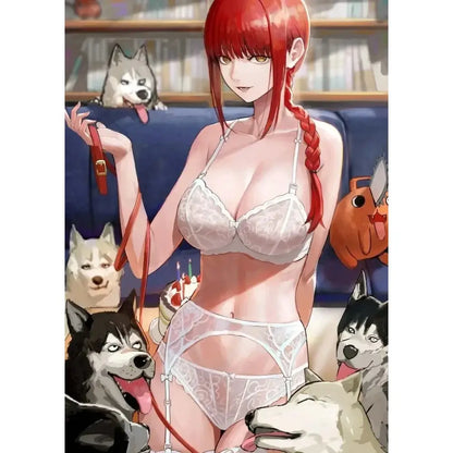 White lace lingerie set with delicate floral patterns and thin straps featured in chainsaw man makima canvas wall art