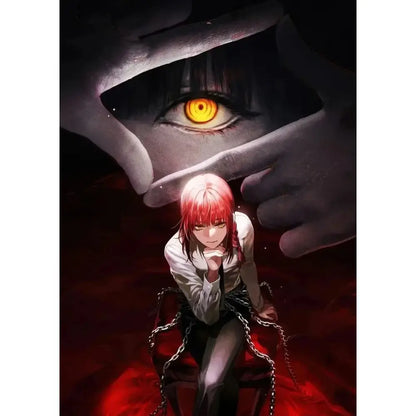 Chainsaw man makima canvas wall art featuring a red-haired anime character in a white shirt with chained legs