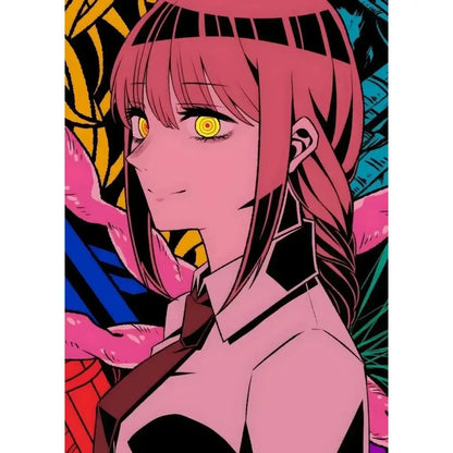 Chainsaw man makima canvas wall art featuring a stylized anime girl with pink hair and glowing yellow eyes in school uniform