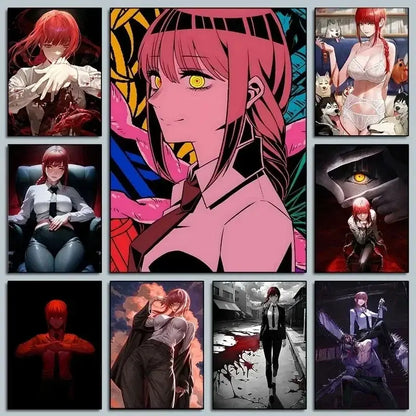 Chainsaw man makima canvas wall art featuring nine red-haired character posters in varying outfits and dramatic scenes