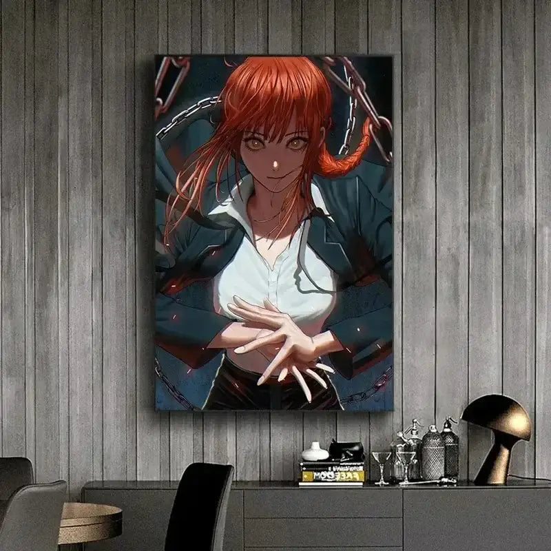 A chainsaw man makima canvas wall art featuring a rectangular anime print of makima with red hair and chains