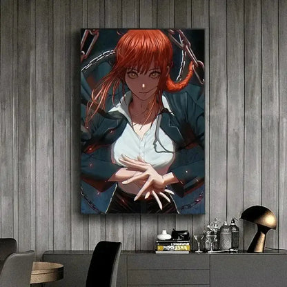 A chainsaw man makima canvas wall art featuring a rectangular anime print of makima with red hair and chains