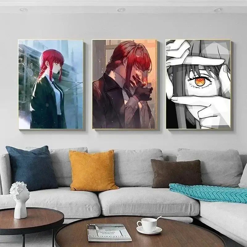 Three framed chainsaw man makima canvas wall art pieces featuring red hair and orange eyes in a modern living room