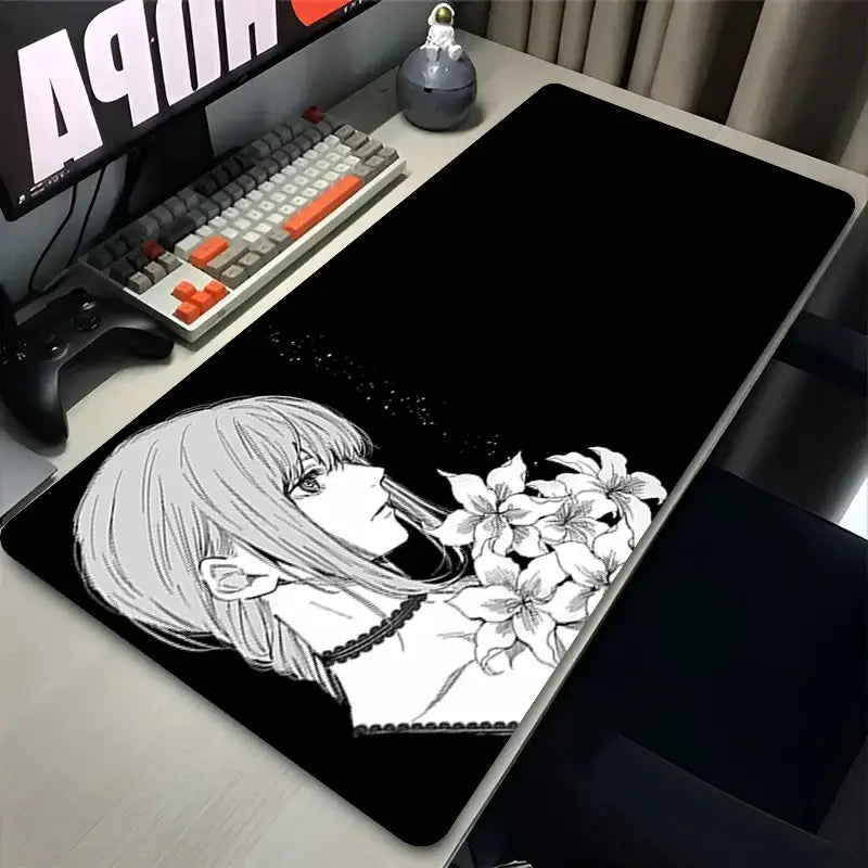 Black chainsaw man makima mouse pad featuring detailed anime illustration of makima holding flowers for gaming desk use