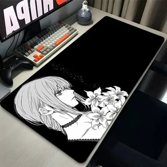Black chainsaw man makima mouse pad featuring detailed anime illustration of makima holding flowers for gaming desk use