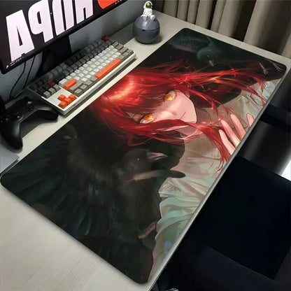 Rectangular glossy chainsaw man makima mouse pad with vibrant red hair character and black crows for gaming desk use