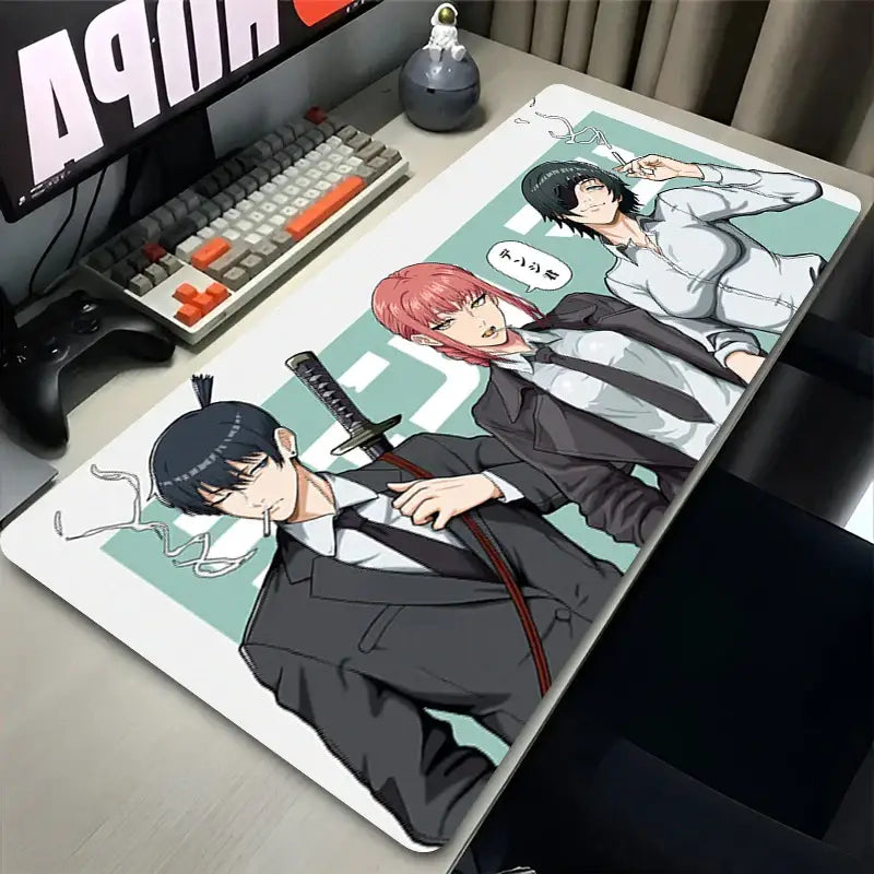 Rectangular light green and white chainsaw man makima mouse pad featuring three characters in formal attire and a sword