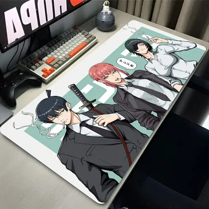 Rectangular light green and white chainsaw man makima mouse pad featuring three characters in formal attire and a sword