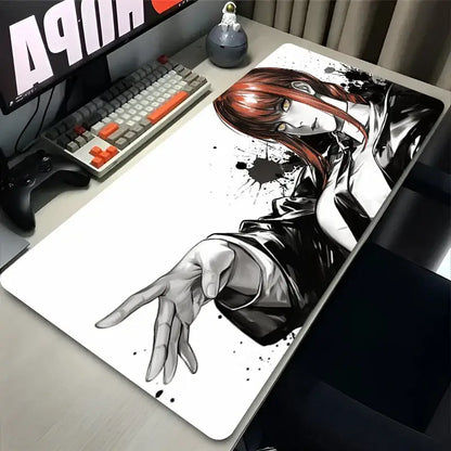 White rectangular chainsaw man makima mouse pad with black and white anime illustration and red hair accents