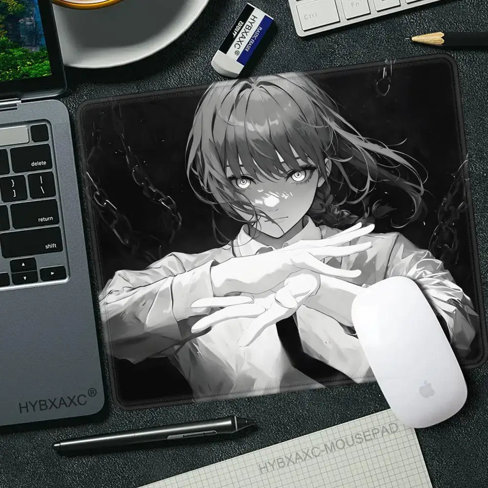 Black and white anime style chainsaw man makima mouse pad with detailed character on smooth non slip desk mat surface