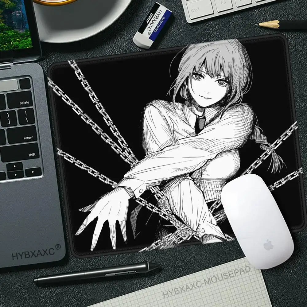 Black mousepad desk mat featuring detailed black and white chainsaw man makima anime illustration by hybxaxc