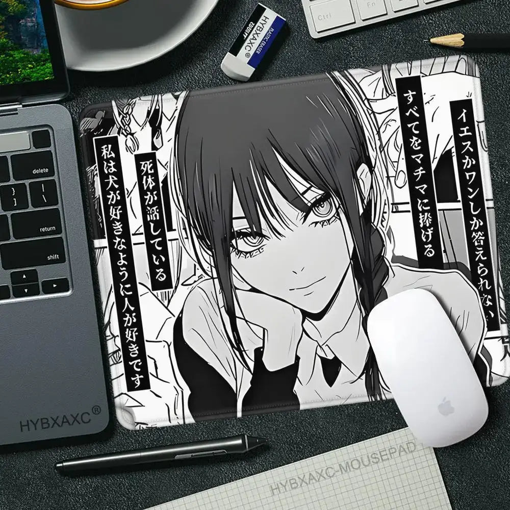 Black-and-white chainsaw man makima mouse pad with braided hair illustration and japanese text panels non-slip desk mat