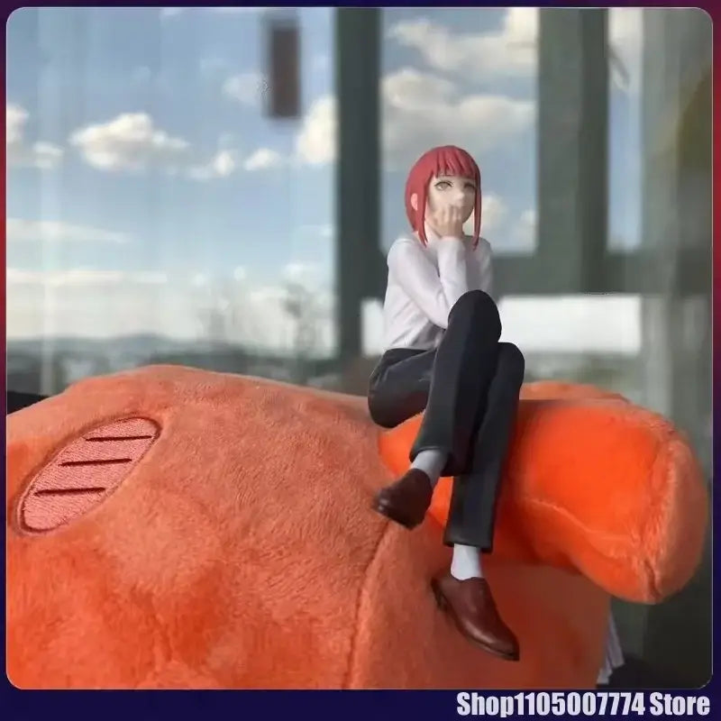Chainsaw man makima noodle stopper figure 14cm pvc red-haired anime figurine sitting on orange plush toy