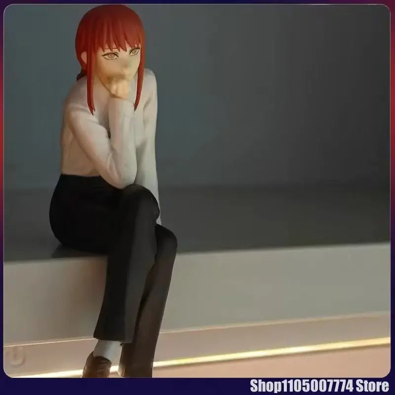 Chainsaw man makima noodle stopper figure with red hair seated in white top and black pants 14cm pvc collectible