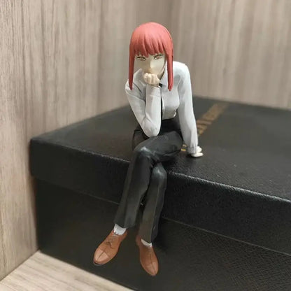 Detailed chainsaw man makima noodle stop figure with vibrant red hair wearing white blouse black pants 14cm pvc statue
