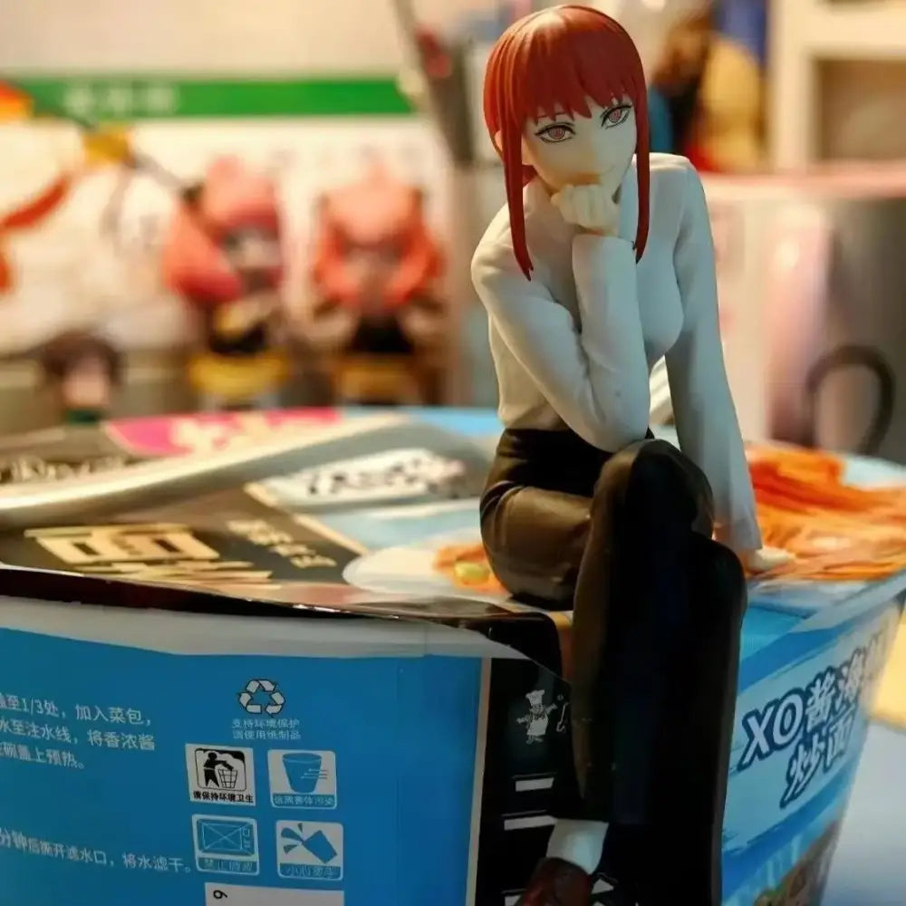 Chain saw man makima noodle stopper figure with red hair wearing white blouse and black skirt pvc statue 14cm