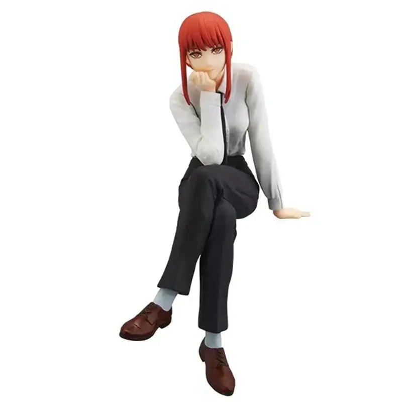Chainsaw man makima noodle stopper figure 14cm pvc statue with red hair white blouse and black trousers seated pose