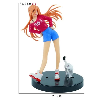 Chainsaw man makima pvc anime figure with orange hair red devil horns in pink top blue shorts on black base with white cat scene ornament design