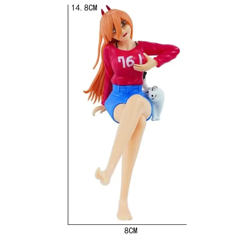 Chainsaw man makima pvc anime figure with orange hair red horns pink shirt and blue shorts holding white cat scene ornament design