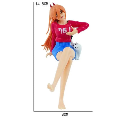 Chainsaw man makima pvc anime figure with orange hair red horns pink shirt and blue shorts holding white cat scene ornament design