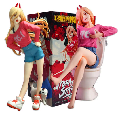 Chainsaw man makima pvc anime figure in pink shirt and blue shorts sitting on a toilet scene ornament design