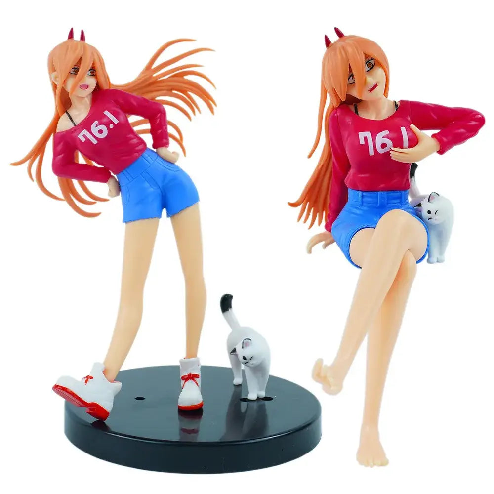 Two orange-haired chainsaw man makima anime figures with red devil horns and white cat scene ornament design