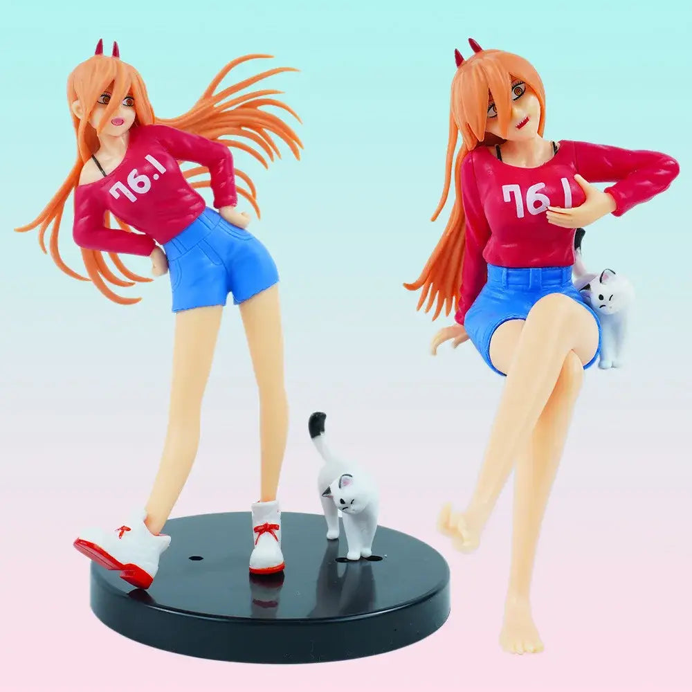 Two orange-haired anime figure figurines in red 76.1 tops and blue shorts in dynamic scene ornament design