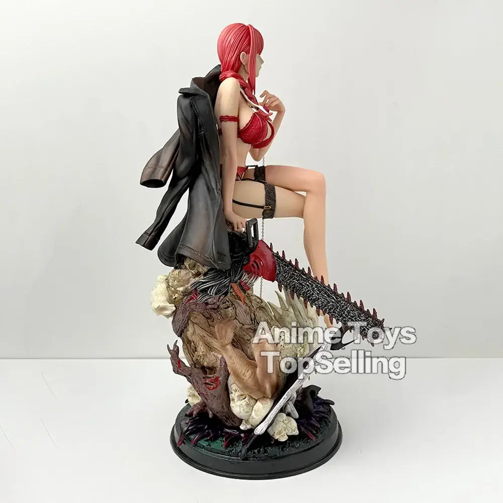 Chainsaw man makima pvc statue with red hair black coat and chainsaw on grotesque base desktop ornament 46cm