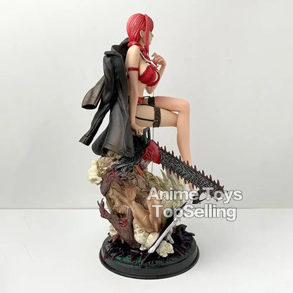 Chainsaw man makima pvc statue with red hair black coat and chainsaw on grotesque base desktop ornament 46cm
