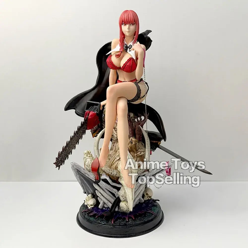 Chainsaw man makima pvc statue featuring red-haired figurine in red bra and black lace panties on skeletal base desktop ornament