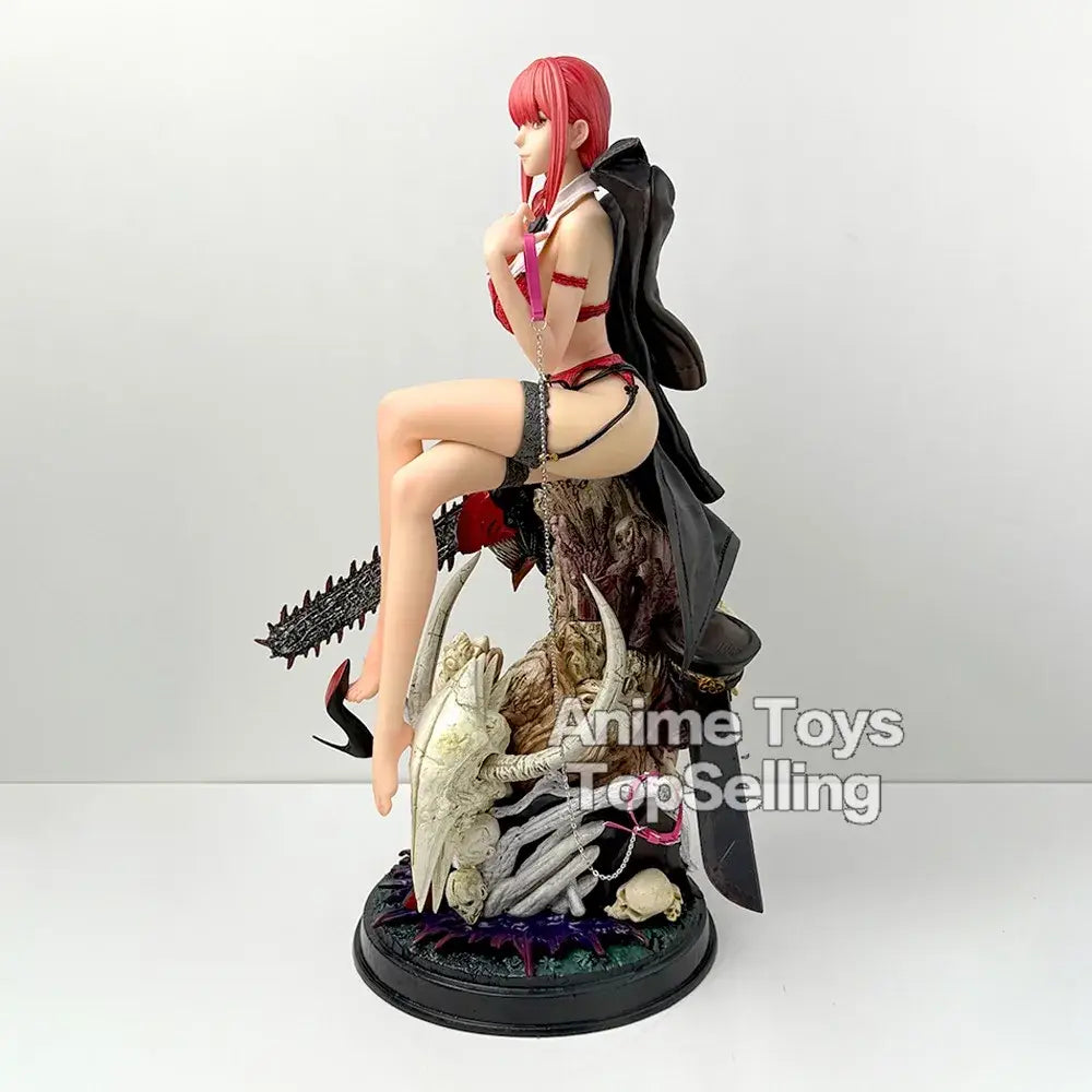 Red-haired chainsaw man makima pvc statue seated on dark detailed skeletal base desktop ornament 46cm tall