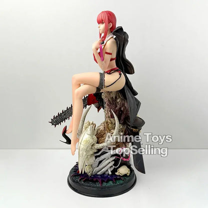 Red-haired chainsaw man makima pvc statue seated on dark detailed skeletal base desktop ornament 46cm tall