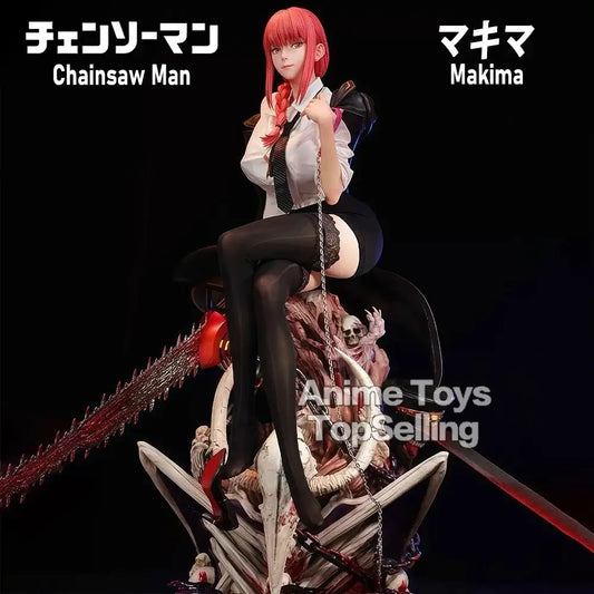 Chainsaw man makima pvc statue featuring red hair in white blouse and black skirt seated on chainsaw desktop ornament base