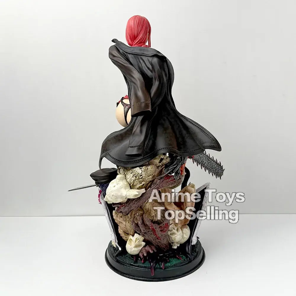 Chainsaw man makima red-haired pvc statue in black coat on detailed skull and chain base desktop ornament 46cm tall