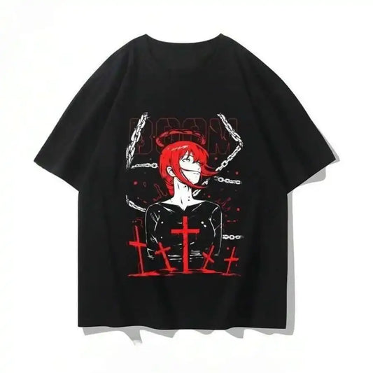 Black heavyweight cotton t shirt featuring chainsaw man makima graphic with red hair chains and crosses design