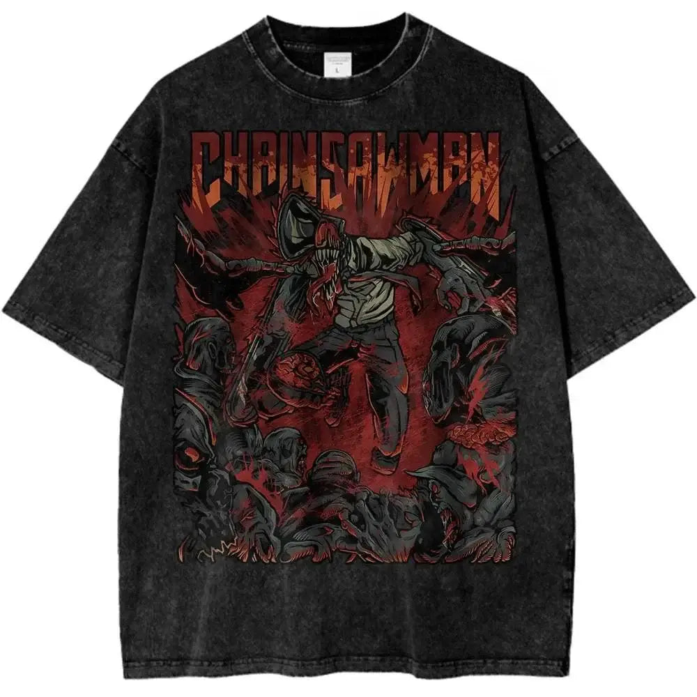 Black distressed pure cotton chainsaw man makima vintage t-shirt with bold red and black graphic of character in action