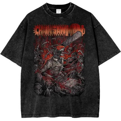 Black distressed pure cotton t-shirt featuring chainsaw man makima graphic with red and orange accents