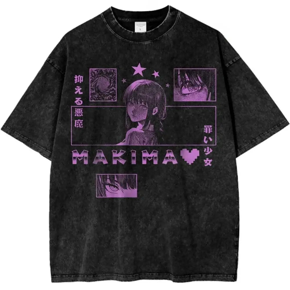 Black distressed pure cotton chainsaw man t-shirt with purple makima anime graphic and japanese text