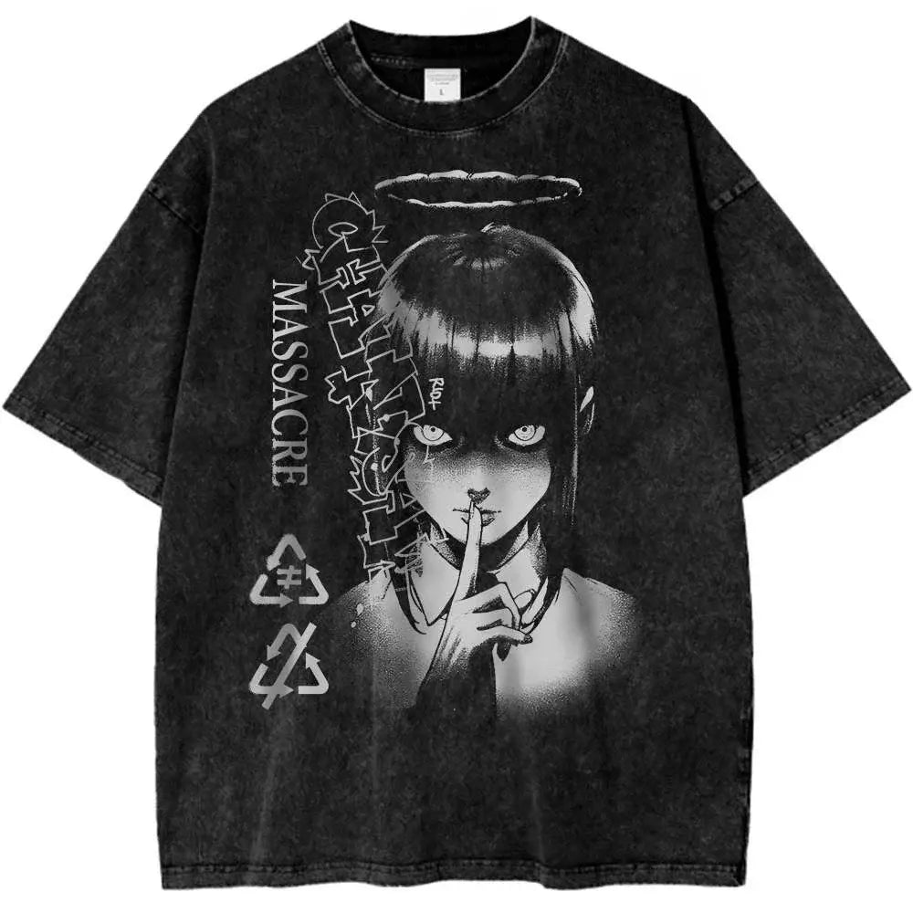 Black distressed pure cotton chainsaw man makima vintage t-shirt with grayscale anime girl and vertical massacre text
