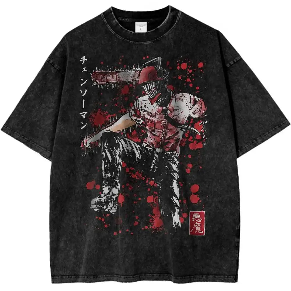 Black distressed pure cotton t-shirt featuring chainsaw man makima graphic with red splatter and japanese text