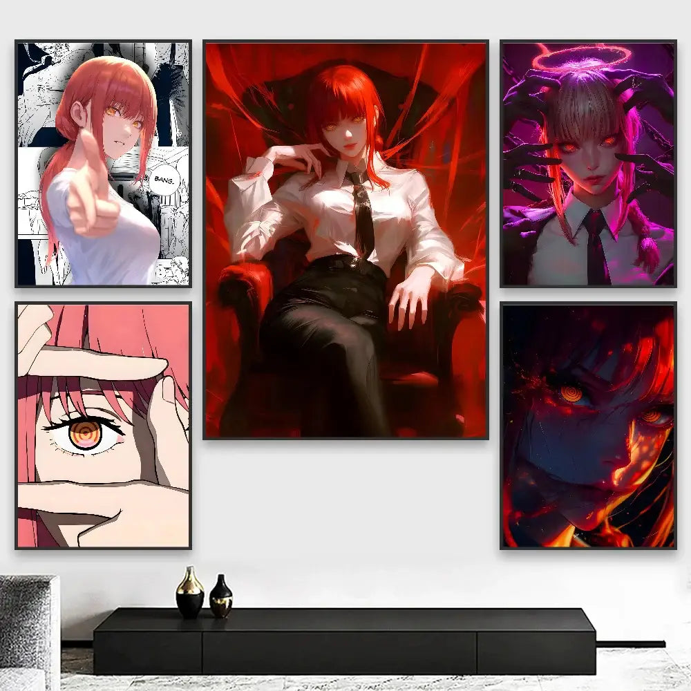 Set of five chainsaw man anime-themed framed wall art prints featuring vibrant reds purples and black and white illustrations