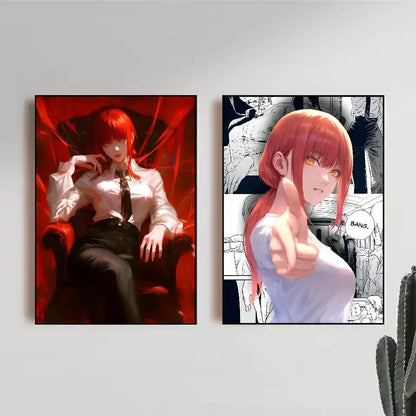 Two framed chainsaw man wall art prints featuring red-haired makima in distinct anime styles on waterproof posters