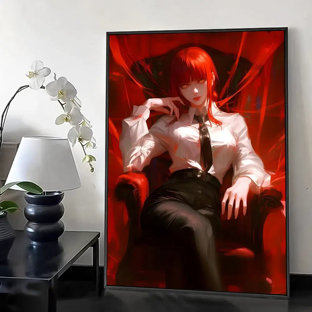 Framed digital art print of red-haired chainsaw man makima in white shirt and black tie on crimson background wall poster