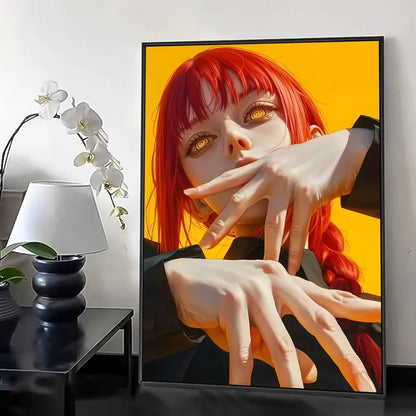 A framed chainsaw man makima wall poster featuring digital art of a red-haired anime girl on a yellow background