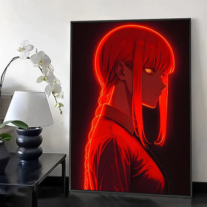 Neon-red glowing chainsaw man makima anime portrait wall poster framed in black hd waterproof art