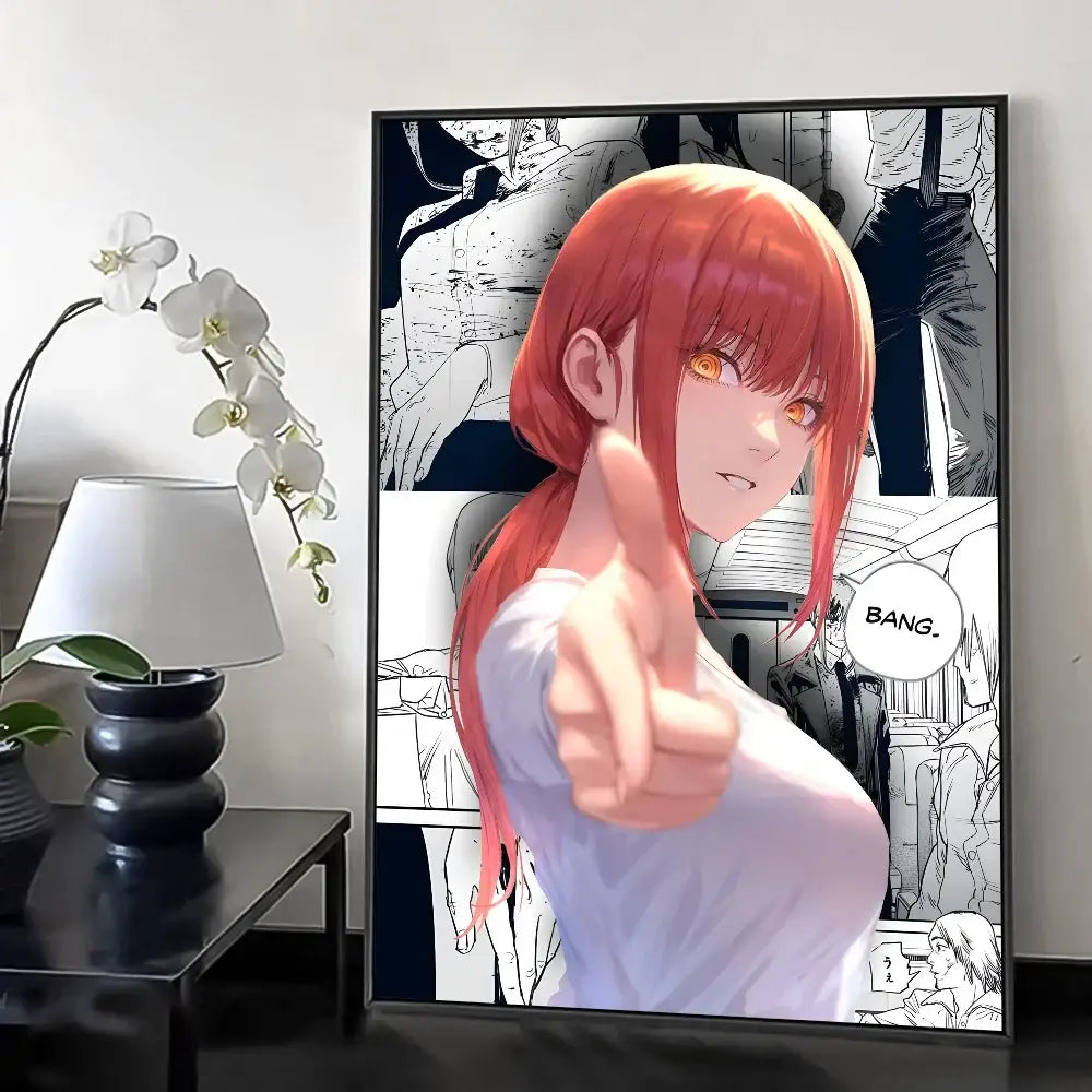 A framed chainsaw man makima wall poster featuring a red-haired character with orange eyes and comic panel background