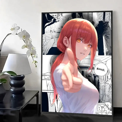 A framed chainsaw man makima wall poster featuring a red-haired character with orange eyes and comic panel background
