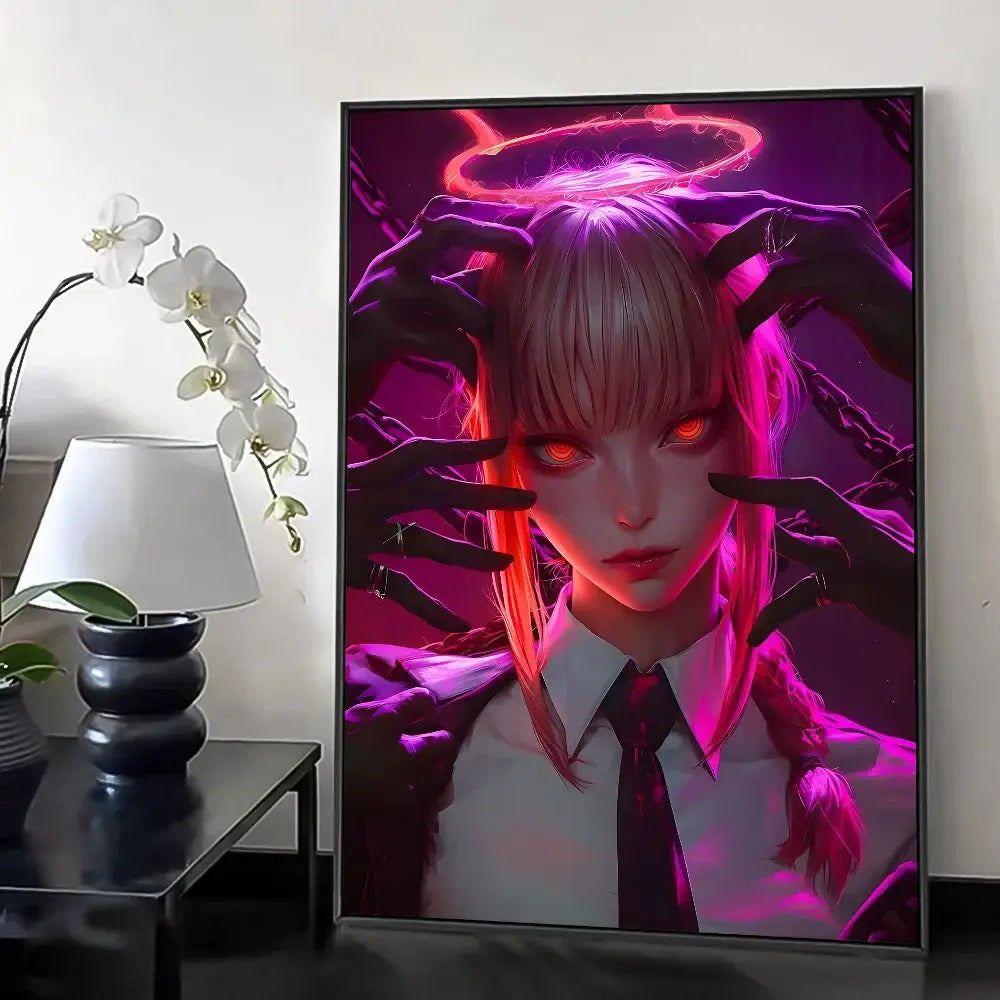 A framed chainsaw man makima wall poster with glowing red eyes pink purple neon and dark hands reaching her face