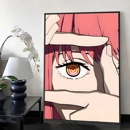 A framed chainsaw man makima wall poster featuring a close-up of an eye with orange and pink rings and vibrant red hair