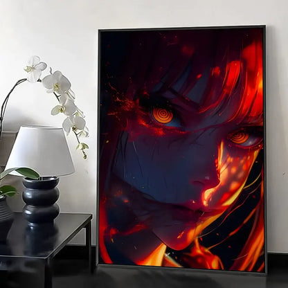 A framed chainsaw man makima wall poster featuring a fiery anime portrait with red orange flames and dark blue shadows